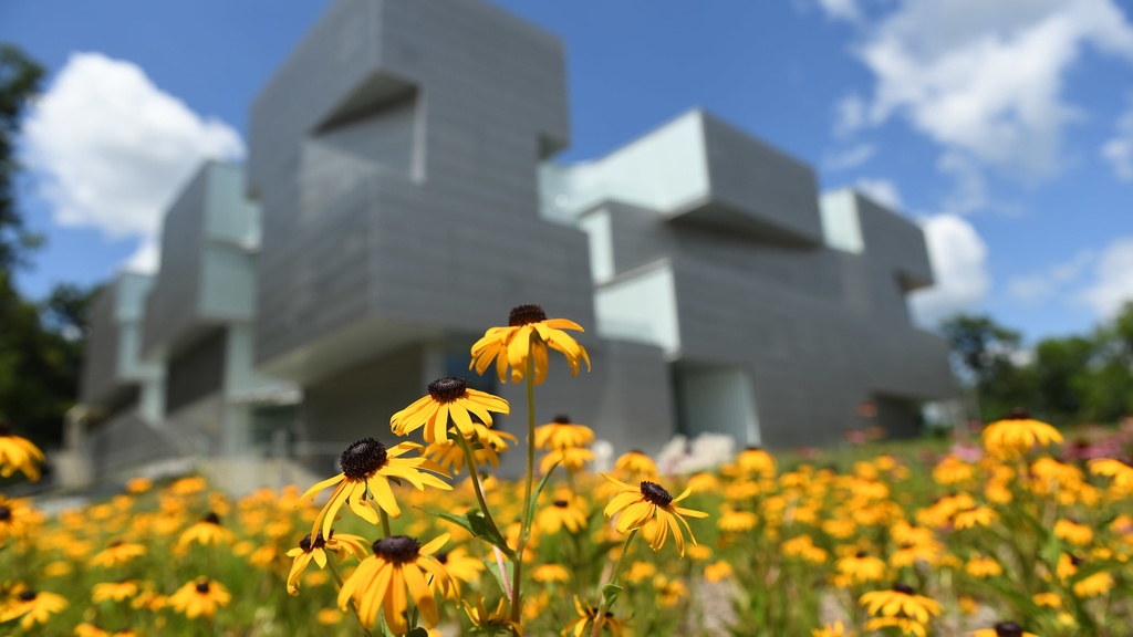 Flowers in front of University of Iowa art building
