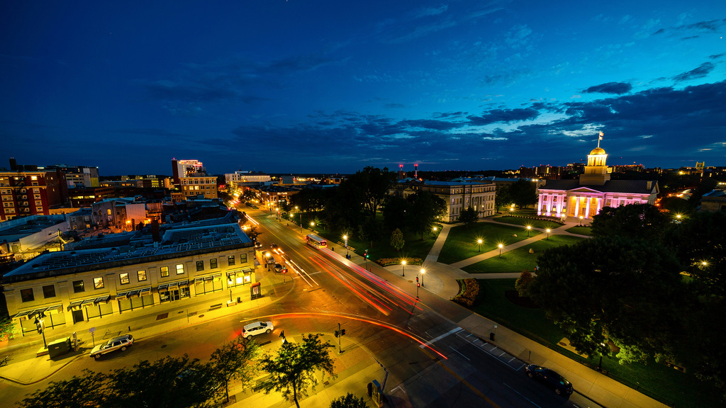 Timelapse aerial photo of University of Iowa campus